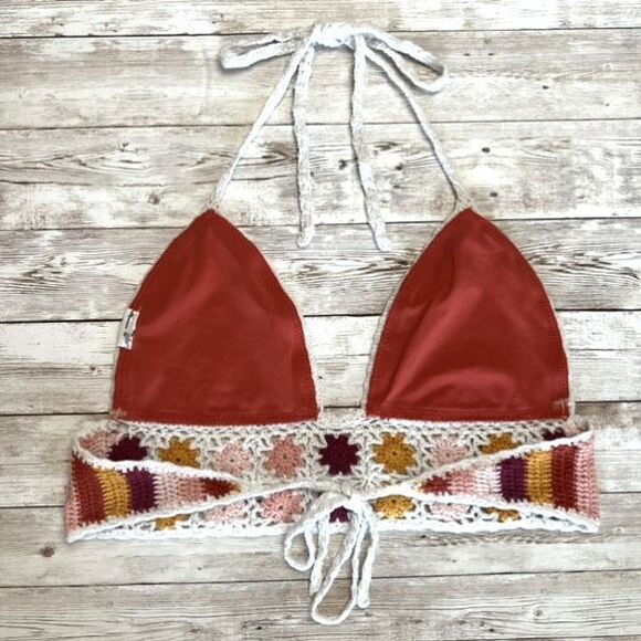 FOREVER 21 Crocheted Bikini Top XS/S Triangle Rainbow Granny Square Pink Orange - Picture 2 of 15